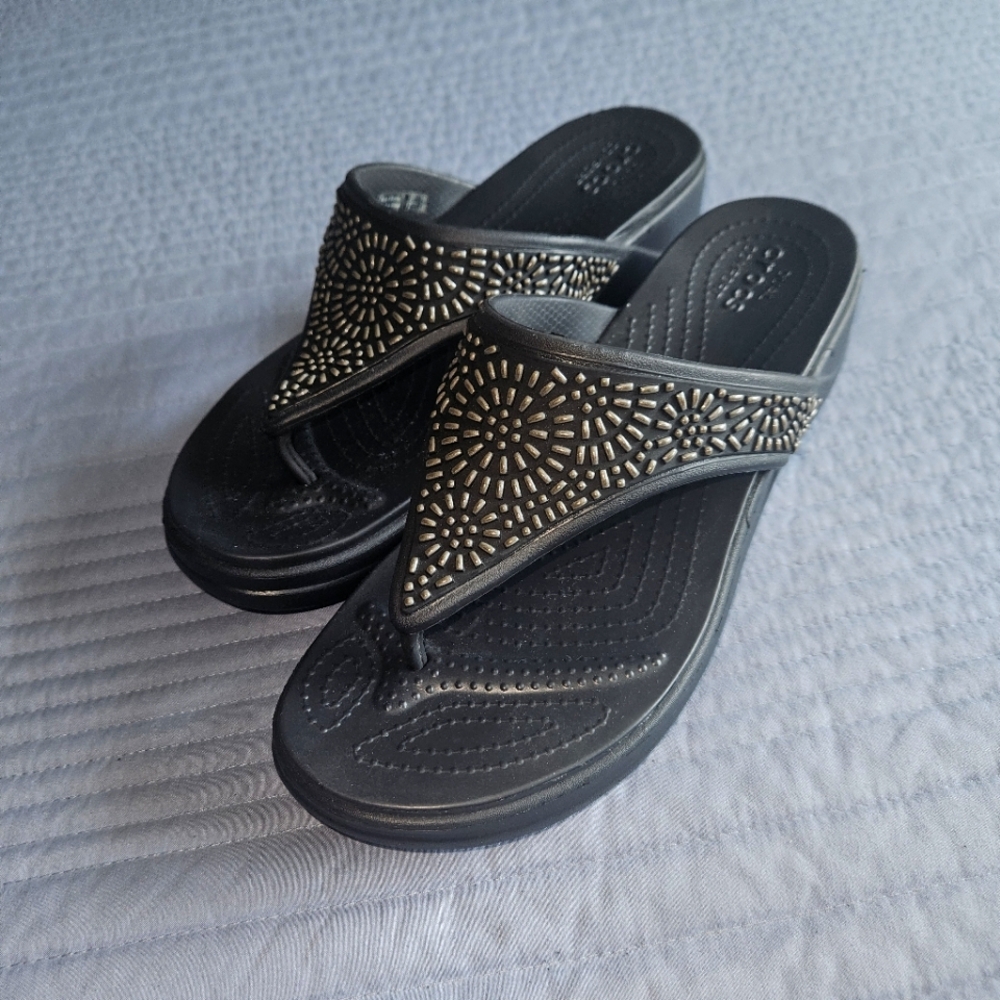 Crocs Sandals Flip Flops Dual Embellished Womens Size 11 Black Bling